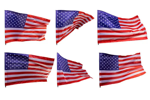 Conjunto Banderas Americanas Que Desarrollan Viento Aisladas Sobre Fondo Blanco —  Fotos de Stock