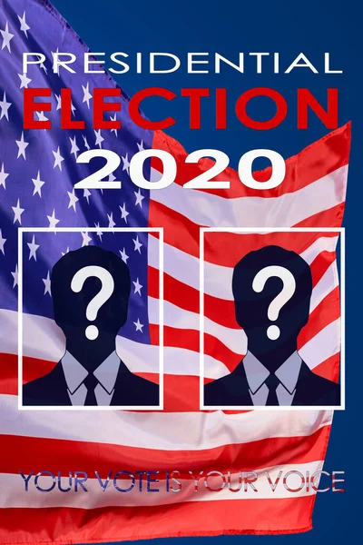 Presidential Election Banner Background for year 2020. Silhouettes of faces in frames with a question mark.