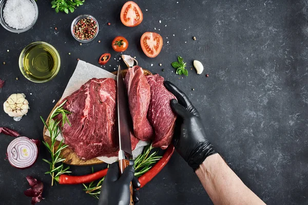 Butcher Cuts Portions Steaks Large Piece Fresh Meat Tenderloin Which — Stock Photo, Image