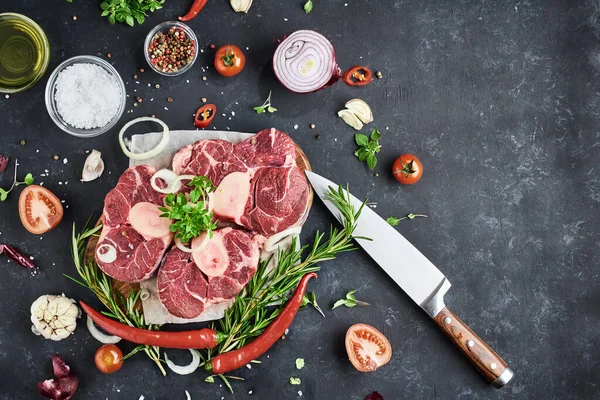 Three Slices Fresh Beef Shank Steaks Lie Parchment Cutting Board — Stock Photo, Image