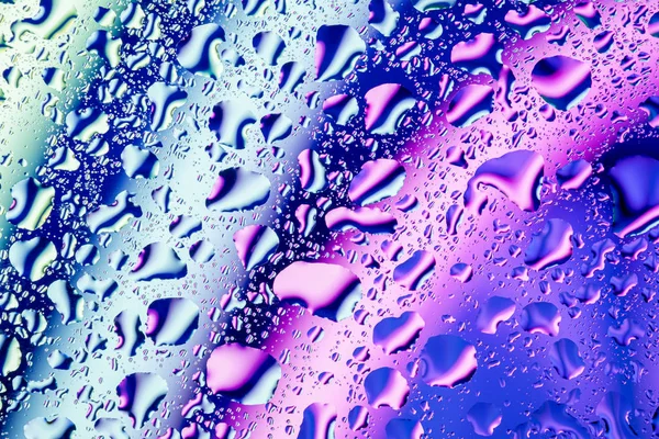 Neon lights behind water drops close up — Stock Photo, Image