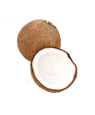 Hindistan cevizi bütün paket tasarım öğesi ile cliping yolları olarak yarım izole kompozisyon beyaz arka plan kesmek