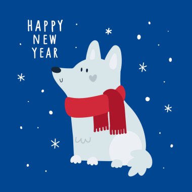 Kırmızı eşarplı şirin gri bir köpek ile mutlu noel kartları. vektör illüstrasyonu