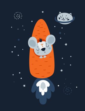 Havuç roketindeki komik fare. Vektör illüstrasyonu