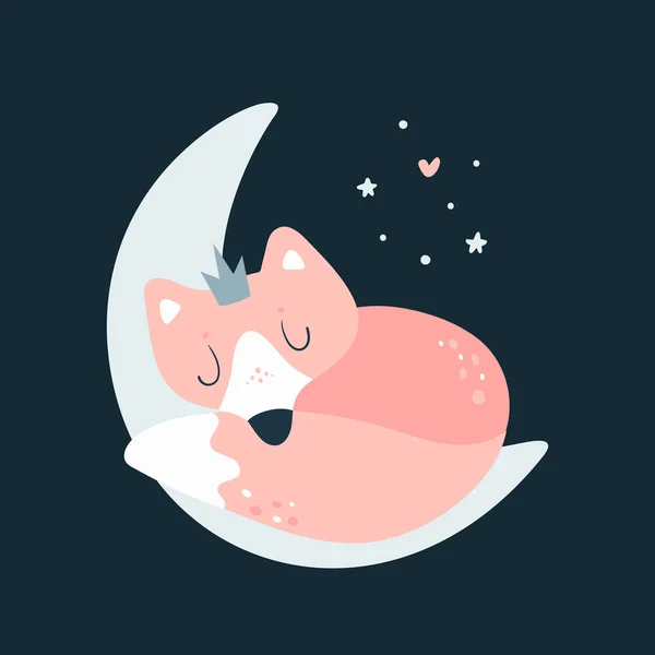 Cute Sleeping Fox Moon Vector Illustration — Stock Vector