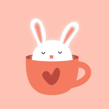 Bardaktaki şirin tavşan. Tavşan esprisi çizimi. Bir fincan kahve. İyi sabahlar. El çizimi vektör karakter. Hayvanın tırnağı. Çocuk oyunu, kitap, tişört, kart, baskı, tekstil, poster için çizgi film