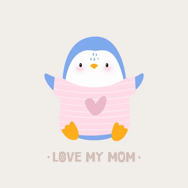 Pinguim Bonito Com Coração Amo Minha Mãe Personagem Vetorial Desenhado — Vetor de Stock