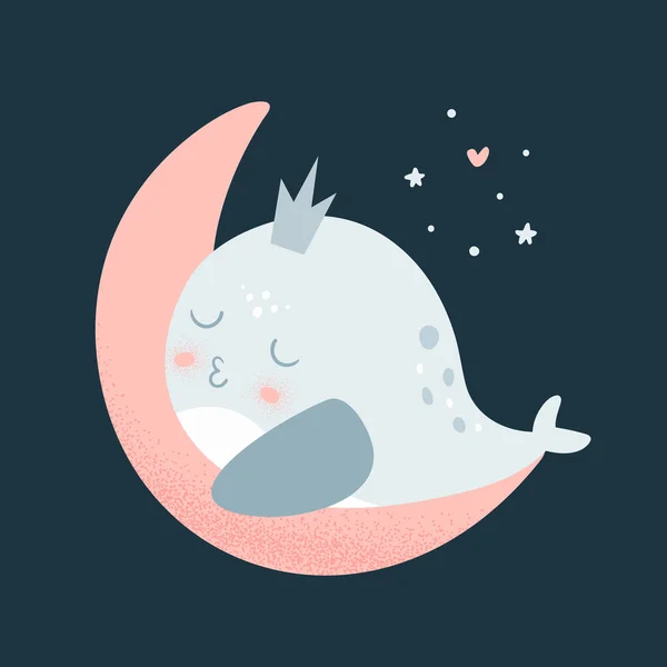 고래는 달에서 귀여운 유머의 귀여운 손으로 문자입니다 동물의 아이들 티셔츠 — 스톡 벡터