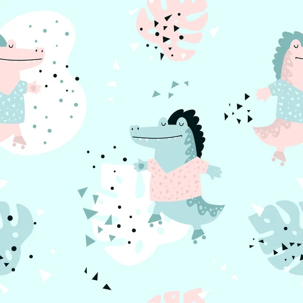 在丛林中无缝图案上可爱的鳄鱼 动物纺织品印花 用于儿童游戏 T恤衫 印刷品 海报和装饰的卡通人物插图 矢量说明 — 图库矢量图片