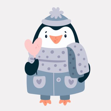 Eşarplı, şapkalı ve içinde kalp şekeri olan güzel bir penguen çizgi filmi. Sevimli yavru hayvan karakteri. Düz stil ve pastel renkte çocuksu vektör çizimi. Kart, poster, baskı, kitap için iyi