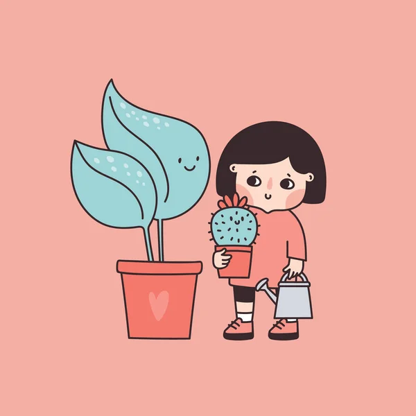 Niña Divertida Cuidando Plantas Interior Plantas Maceta Para Niños Cuidado — Vector de stock