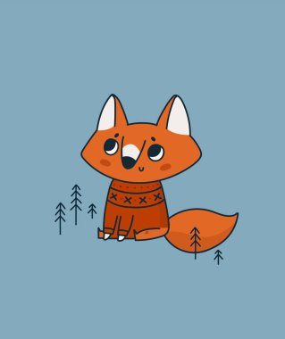 İskandinav süslemeli şirin bir tilki, İskandinav süsü. Ormandaki sevimli hayvan yavrusu. Çocuksu hayvan karakteri çizimi. Kart, poster, dekorasyon ve tekstil için ideal