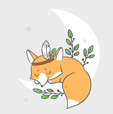 Sevimli yavru tilkiyle çocuksu bir iz. Tatlı rüyalar ufaklık. Çocuklar için küçük bir orman hayvanı illüstrasyonu. Posterler, kartlar, baskılar, dijital kağıtlar, çocuk giysileri, çocuk resimleri yapmak için ideal