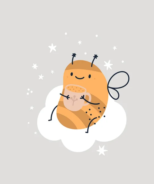 可爱的蜜蜂 云上有一杯茶 卡通蜜蜂字符矢量图解 大黄蜂的扁平风格 理想的海报 儿童房装饰 邀请函 印刷品 — 图库矢量图片