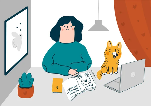 Una Chica Freelancer Trabaja Una Oficina Casa Con Una Mascota — Vector de stock