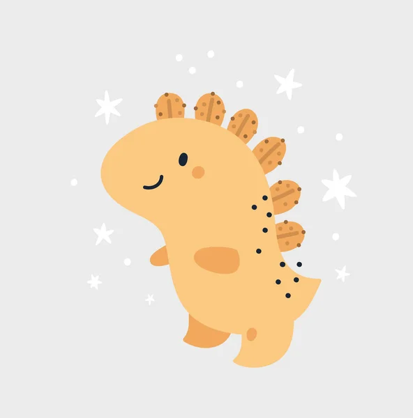 Pequeno Dinossauro Amigável Bonito Com Estrelas Fundo Desenhos Animados Infantis — Vetor de Stock