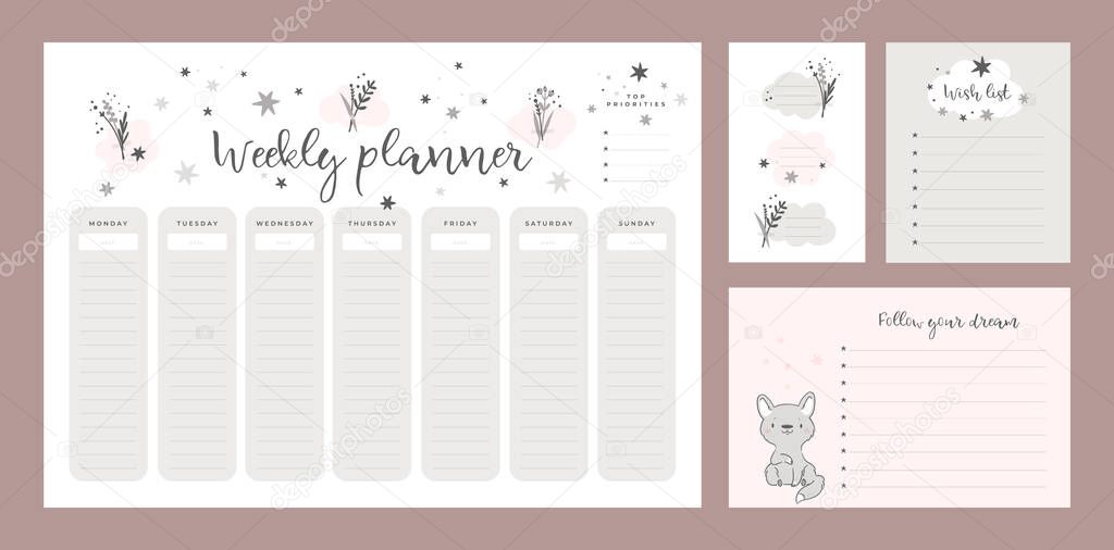 Wish list template, sticker book, weekly planner page with little fox in cartoon style. Set of stationery digital prints. Back to school design. Flat lay, organizer mock up. Pastel colors