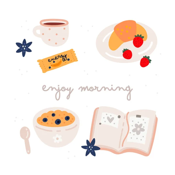 Enjoy Morning Set Breakfast Illustration Plate Meal Croissant Strawberry Cup — Stock Vector
