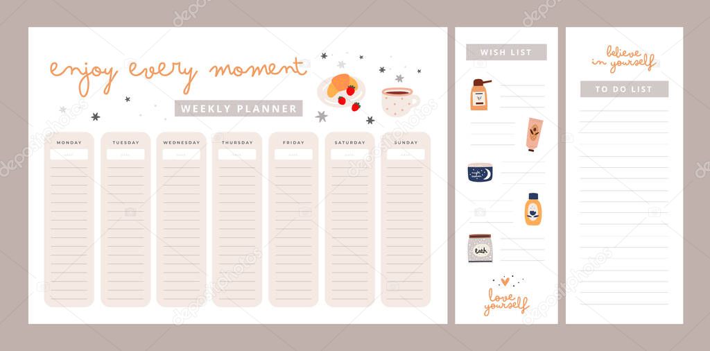 Weekly planner with motivation phrases. Enjoy every moment, love yourself, believe in yourself. Wish list, to do list. Set of stationery digital prints. Follow your dreams. Flat lay, organizer mock up