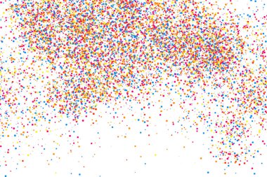 Renkli konfeti patlaması. Beyaz arkaplanda izole edilmiş tahıllı, çok renkli doku. Düz tasarım elemanı. Vektör illüstrasyonuName.