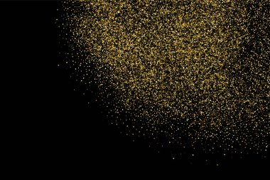 Altın glitter doku siyah izole. Amber parçacıklar renk. Kutlama arka plan. Konfeti altın patlama.