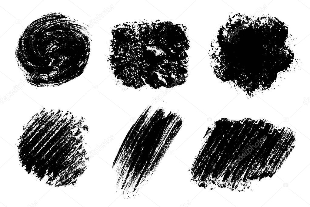 Black brush strokes isolated on white. Ink splatter. Paint droplets. Digitally generated image. Set vector design elements, illustration, EPS 10.