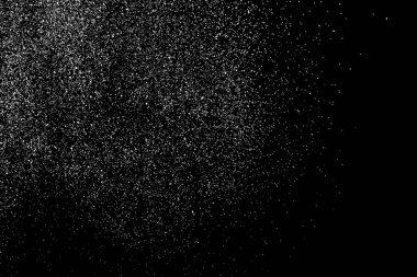 Siyah arka plan üzerine izole beyaz grenli doku. Toz kaplaması. Hafif renkli gürültü granül. Kar vektör öğeleri. Dijital olarak oluşturulan görüntü. İllüstrasyon, Eps 10.