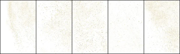 ホワイトの背景に分離されたゴールドグリッターテクスチャのセット 黄金の星屑 琥珀色の粒子 輝く雨 ベクターイラスト Eps — ストックベクタ