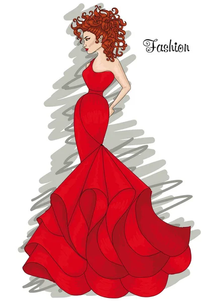 Mujer en un vestido largo rojo . — Vector de stock