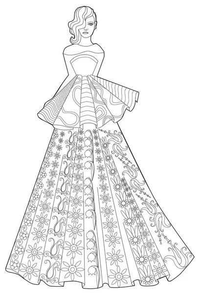 Coloriage pour adultes. Femme en robe longue. Mode . — Image vectorielle