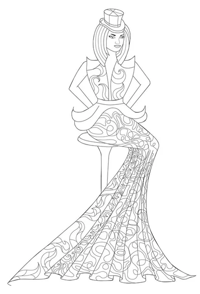 Libro para colorear página para adultos. Chica sentada en un vestido largo. Moda . — Vector de stock