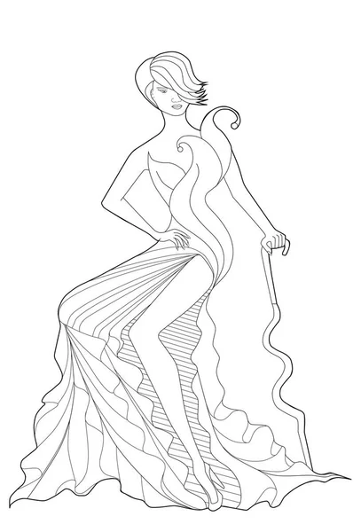 Libro para colorear página para adultos. Chica sentada en un vestido largo. Moda . — Vector de stock