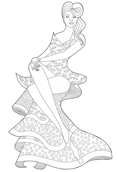 Desenho para colorir para adultos. Menina sentada em um vestido longo. Rockabilly. . — Vetor de Stock