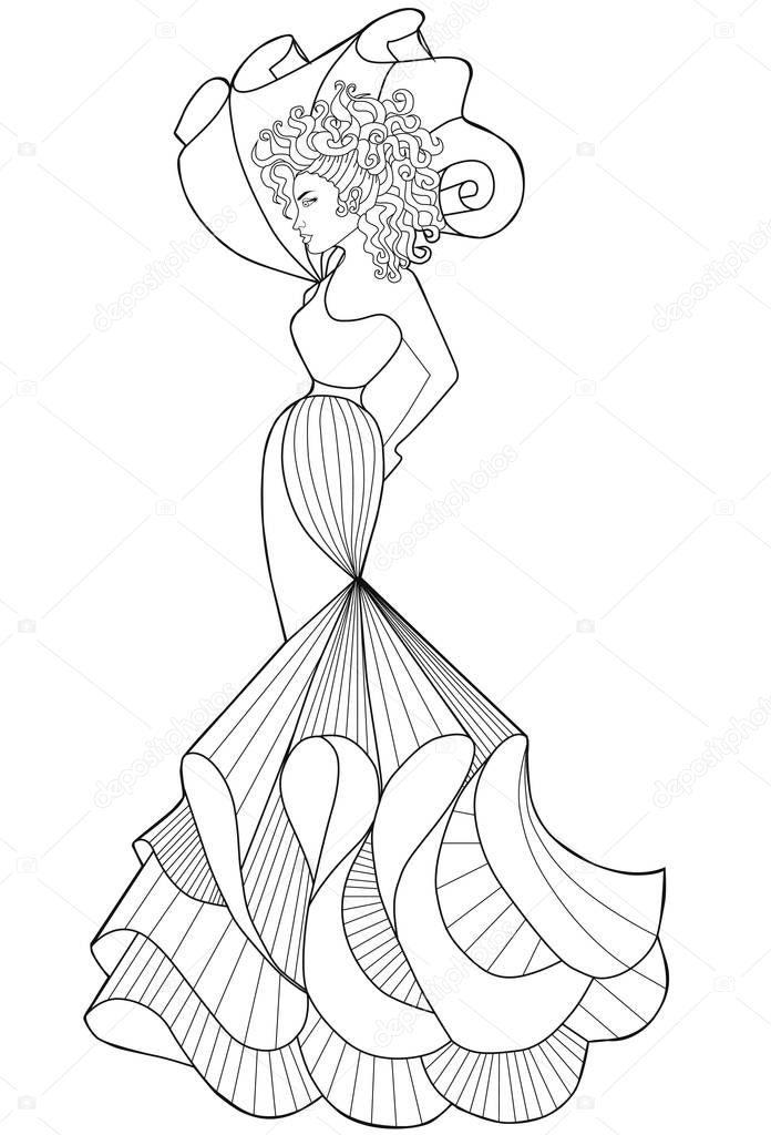 Coloring book page for adults. Woman in a long dress. Fashion.