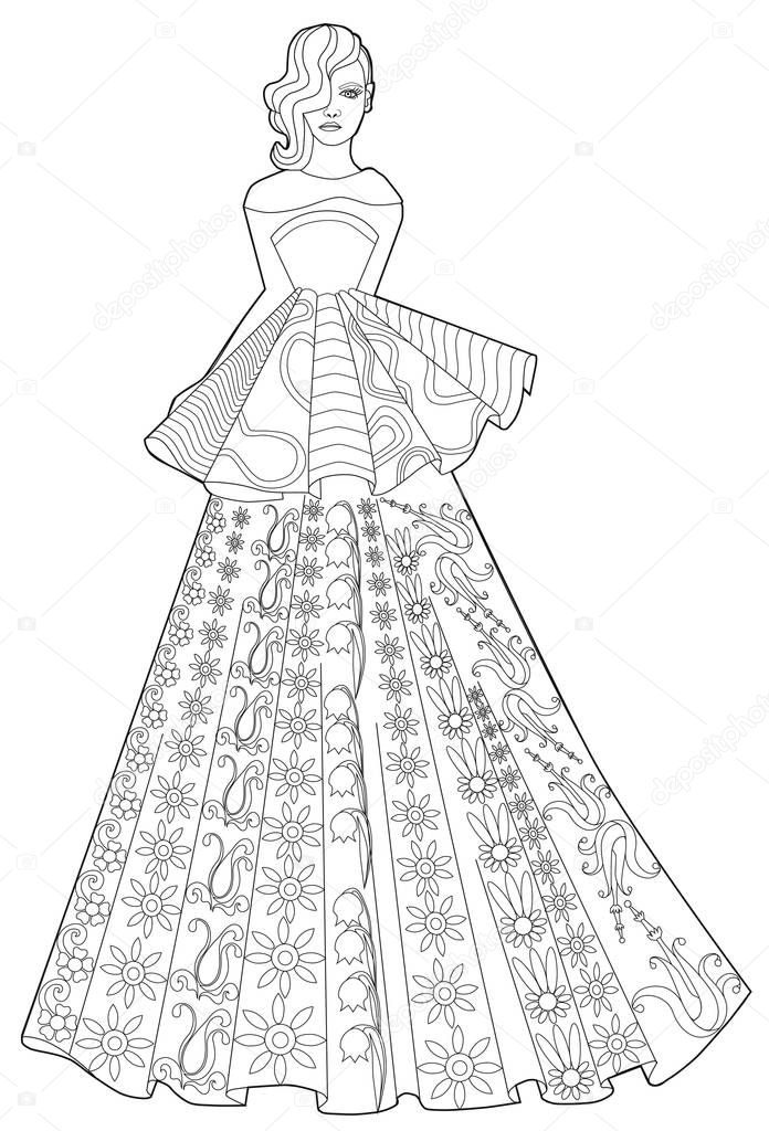 Coloring book page for adults. Woman in a long dress. Fashion. — Stock