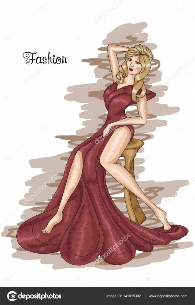 Sitting Girl In A Long Dark Pink Dress Dusty Gedar Colored