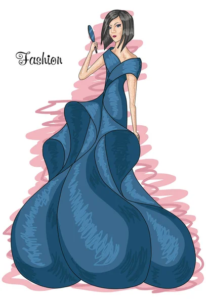 Woman in a long blue dress. Niagara-colored dress. — Stock Vector