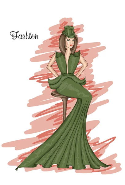 長い緑のドレスを着て座っている少女。ケール色ドレス. — ストックベクタ