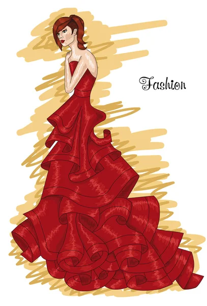 長い赤いドレスを着た女性。オーロラの赤ドレス. — ストックベクタ