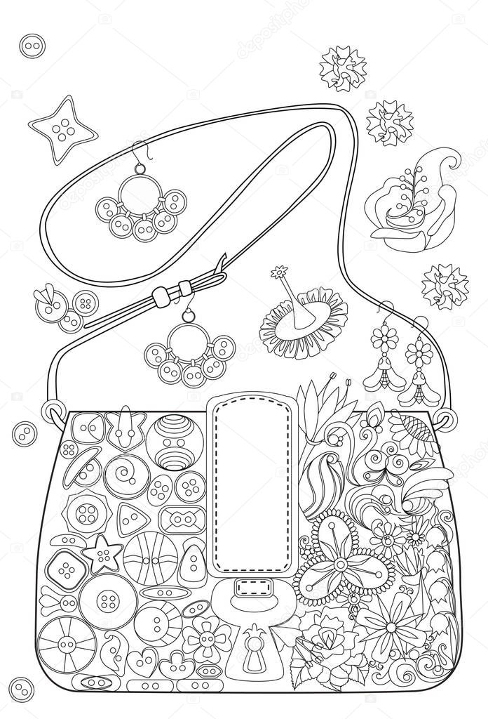 Coloring book page for adults.  (grown ups). Bag with flowers and buttons.
