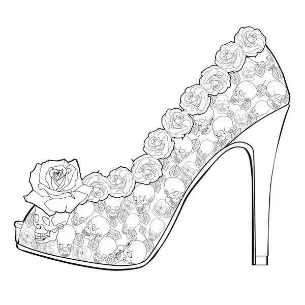 Chaussure avec roses et crânes. Livres à colorier pour adultes . — Image vectorielle