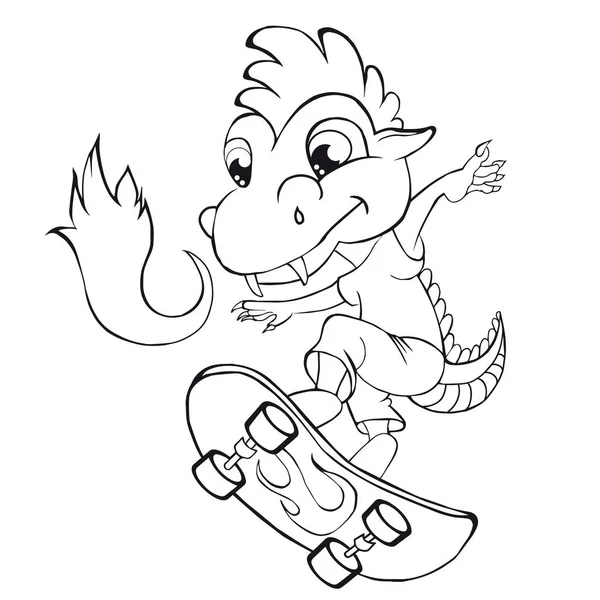 Livro de colorir dragão patinador. Estilo dos desenhos animados . — Vetor de Stock