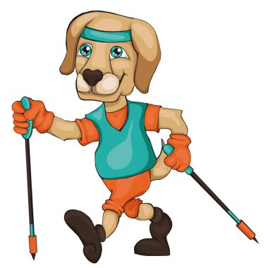 Köpek Nordic walking devreye girer. Karikatür tarzı. Beyaz arka plan üzerinde izole görüntü. 