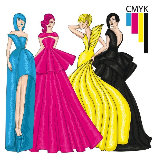 Model warna CMYK empat warna. Gadis-gadis gaun malam yang panjang. Mode . - Stok Vektor