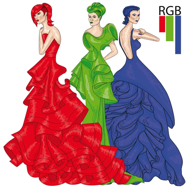 Modelo de color aditivo RGB. Chicas con largos vestidos de noche. Moda . — Archivo Imágenes Vectoriales