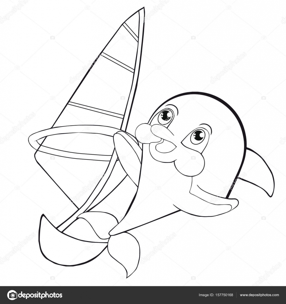 Disegni da colorare di windsurf di libro con il delfino Stile cartone animato ClipArt per bambini Immagine isolata su priorit  bassa bianca — Vettoriali