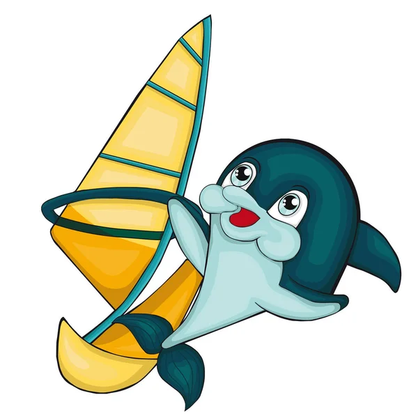 Windsurf con delfines. Estilo de dibujos animados. Clip art para niños . — Vector de stock