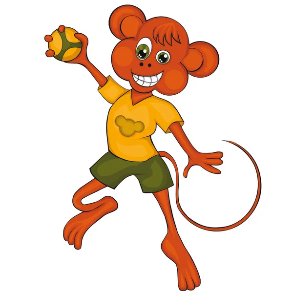 Monkey plays handball. Cartoon style. Clip art for children. — Stock Vector