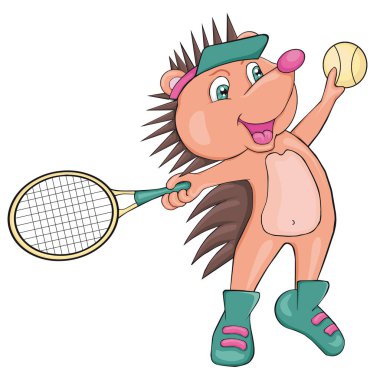 Kirpi tenis oynuyor. Karikatür tarzı. 