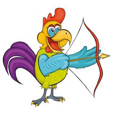 Rooster. Archery. Cartoon style.  Isolated image on white background. clipart